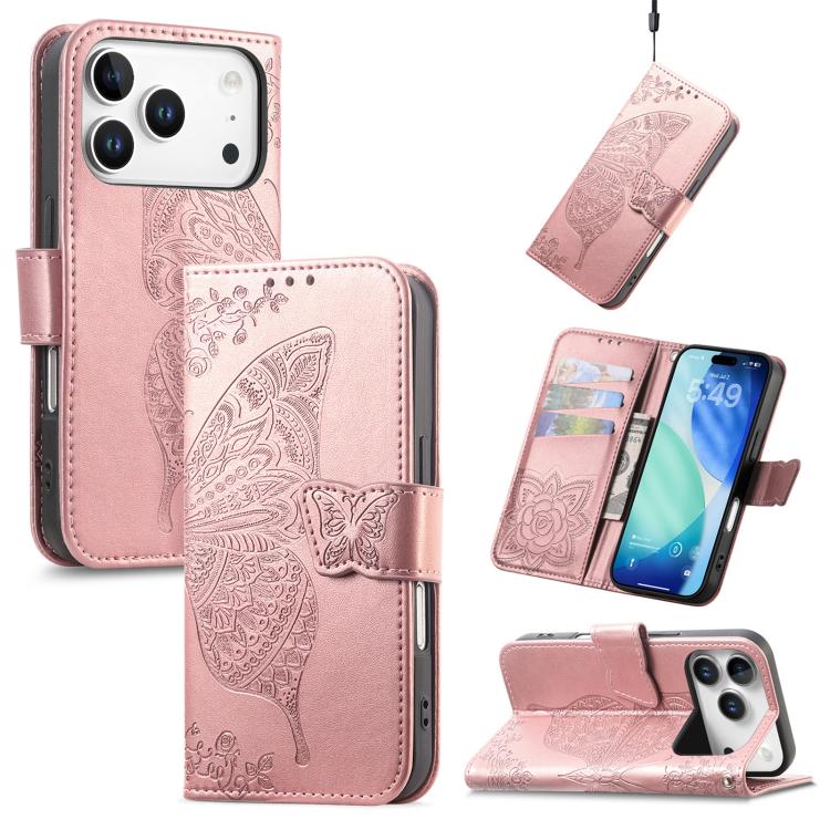 For iPhone 17 Pro Butterfly Love Flower Embossed Leather Phone Case(Rose Gold)