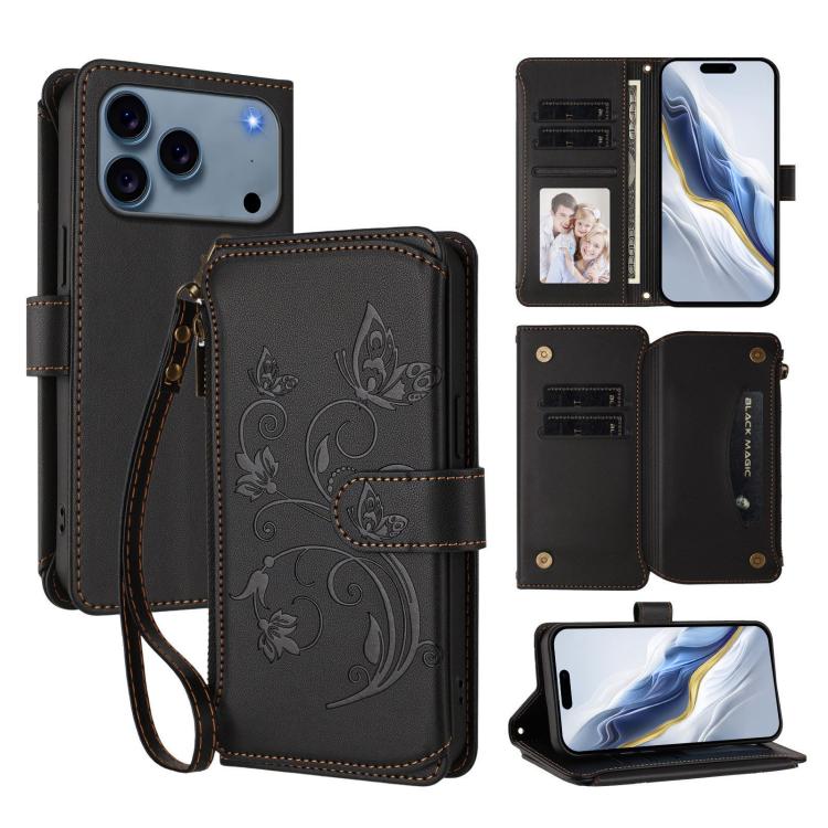 For iPhone 17 Pro Butterfly Love Flower Multi-card Zipper Wallet Leather Phone Case(Black)