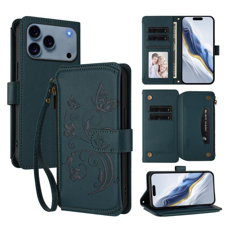 For iPhone 17 Pro Butterfly Love Flower Multi-card Zipper Wallet Leather Phone Case(Dark Green)