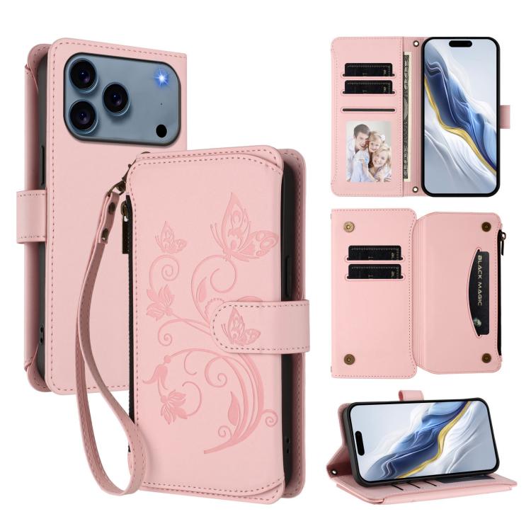 For iPhone 17 Pro Butterfly Love Flower Multi-card Zipper Wallet Leather Phone Case(Pink)