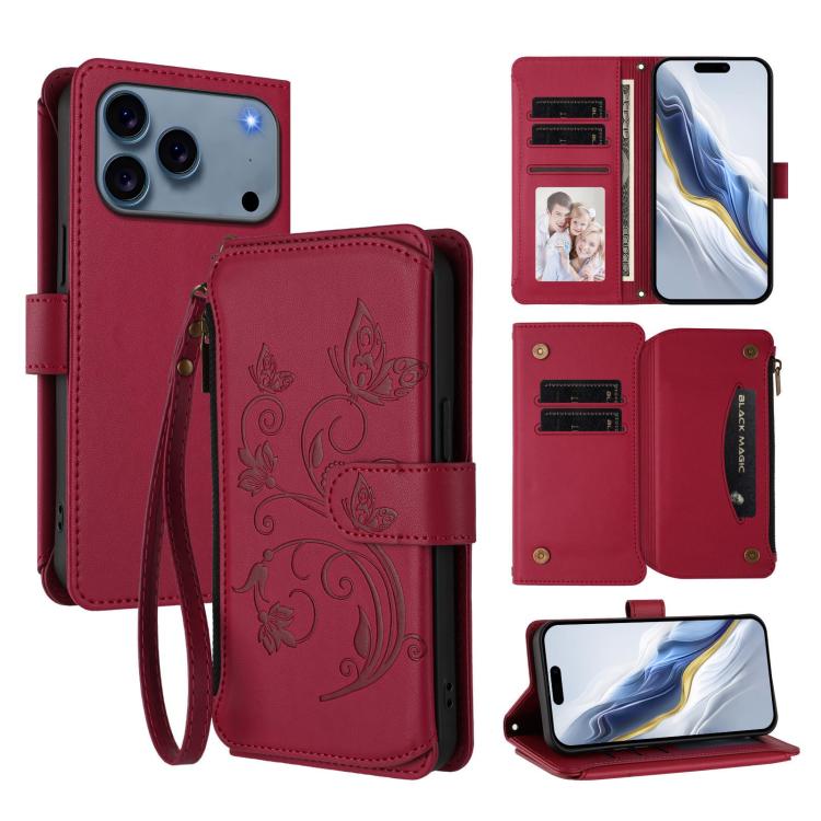 For iPhone 17 Pro Butterfly Love Flower Multi-card Zipper Wallet Leather Phone Case(Wine Red)