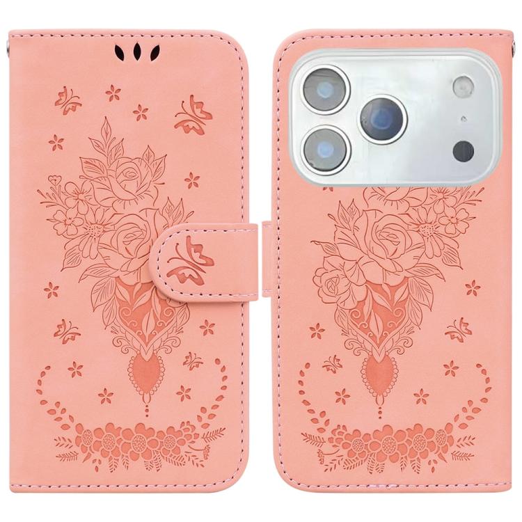 For iPhone 17 Pro Butterfly Rose Embossed Leather Phone Case(Pink)