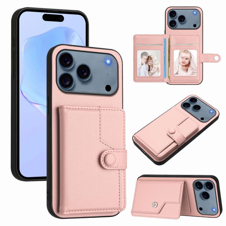 For iPhone 17 Pro Button Card Bag RFID Anti-theft Phone Case(Pink)