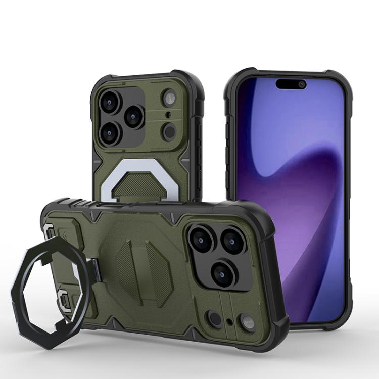 For iPhone 17 Pro Camera Shield Armor MagSafe Holder Phone Case with Strap(Dark Green)