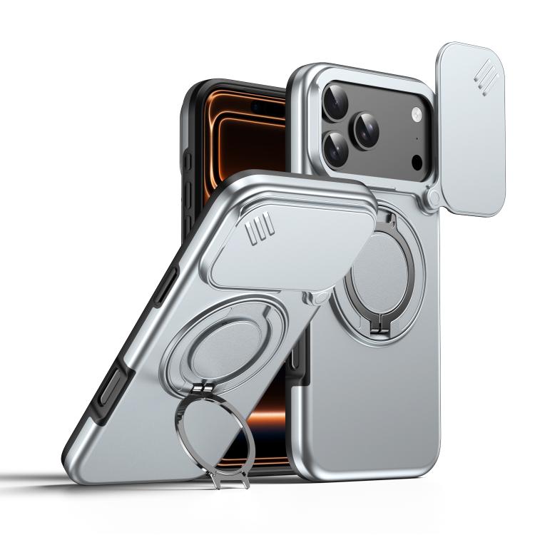 For iPhone 17 Pro Camera Sliding Shield Magnetic Rotation Holder Phone Case(Silver)