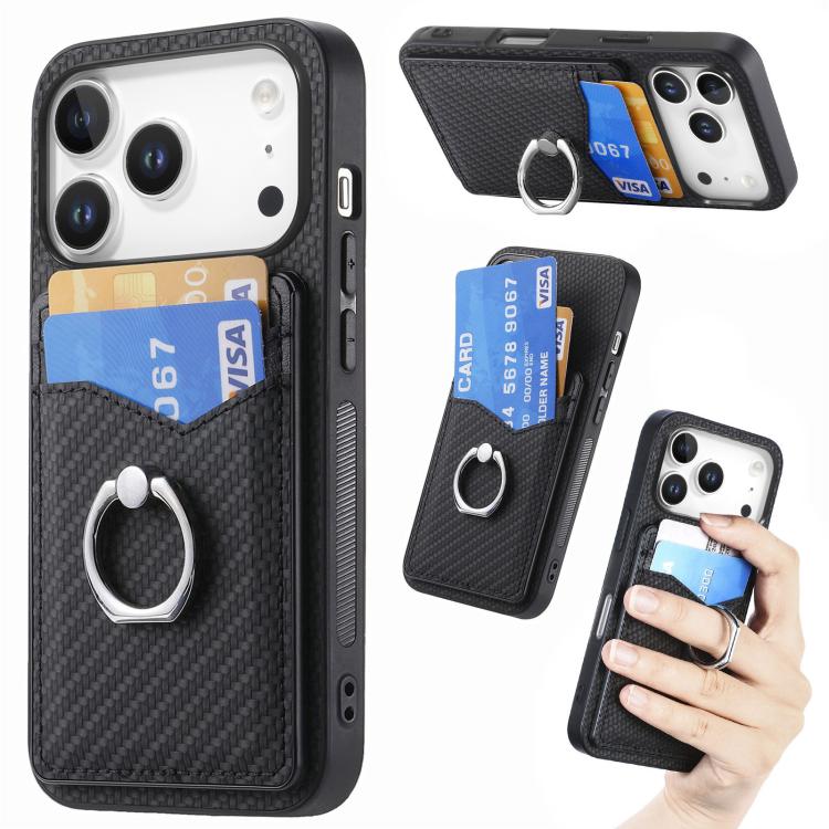For iPhone 17 Pro Carbon Fiber Card Wallet Ring Phone Case(Black)