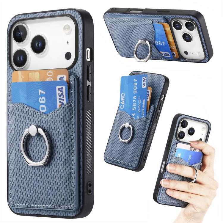 For iPhone 17 Pro Carbon Fiber Card Wallet Ring Phone Case(Blue)