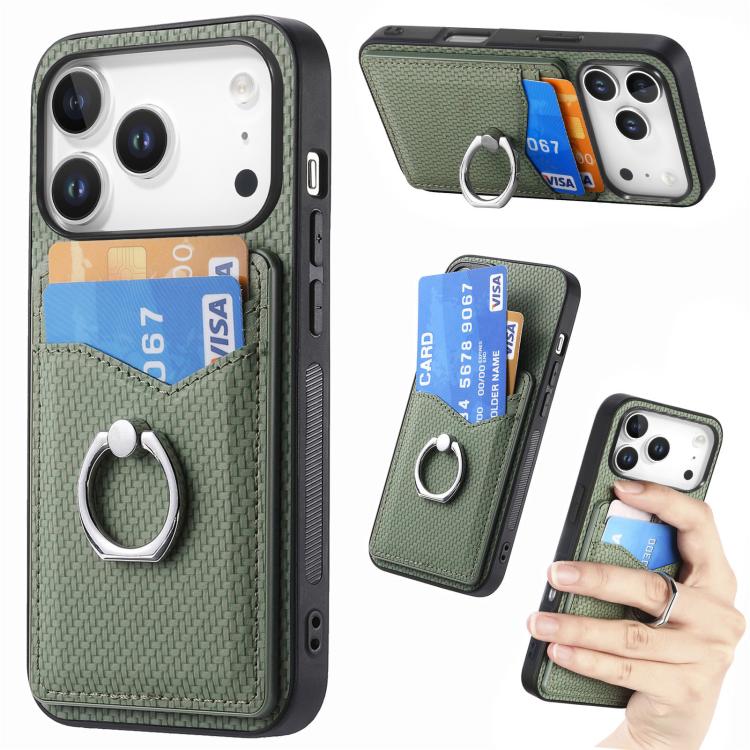 For iPhone 17 Pro Carbon Fiber Card Wallet Ring Phone Case(Green)