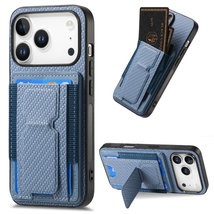 For iPhone 17 Pro Carbon Fiber Fold Stand Elastic Card Bag Phone Case(Blue)