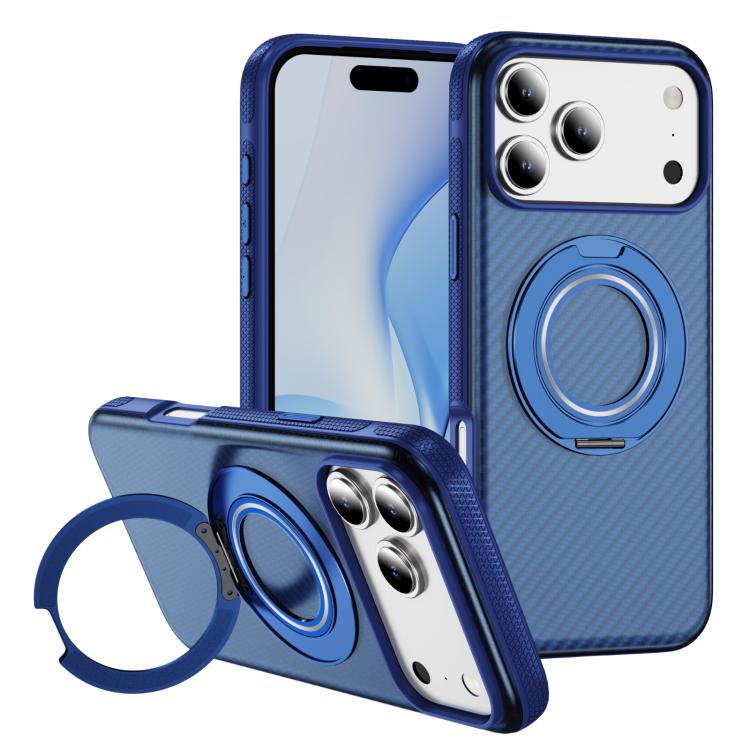 For iPhone 17 Pro Carbon Fiber Gear Holder C Type MagSafe Phone Case(Transparent Blue + Royal Blue)