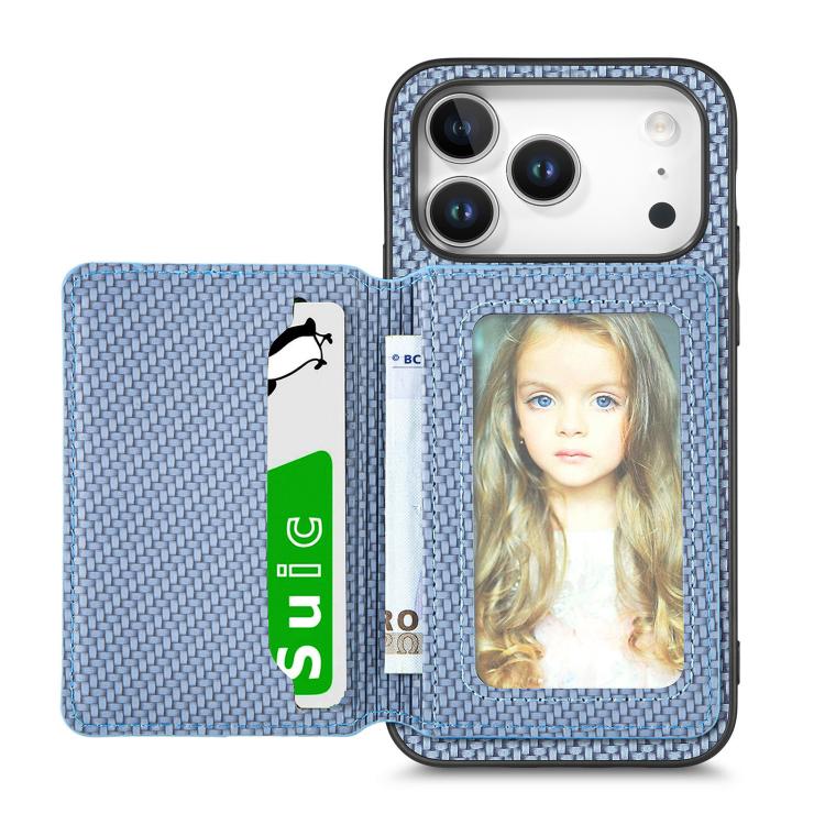 For iPhone 17 Pro Carbon Fiber Magnetic Card Wallet RFID Blocking Phone Case(Blue)