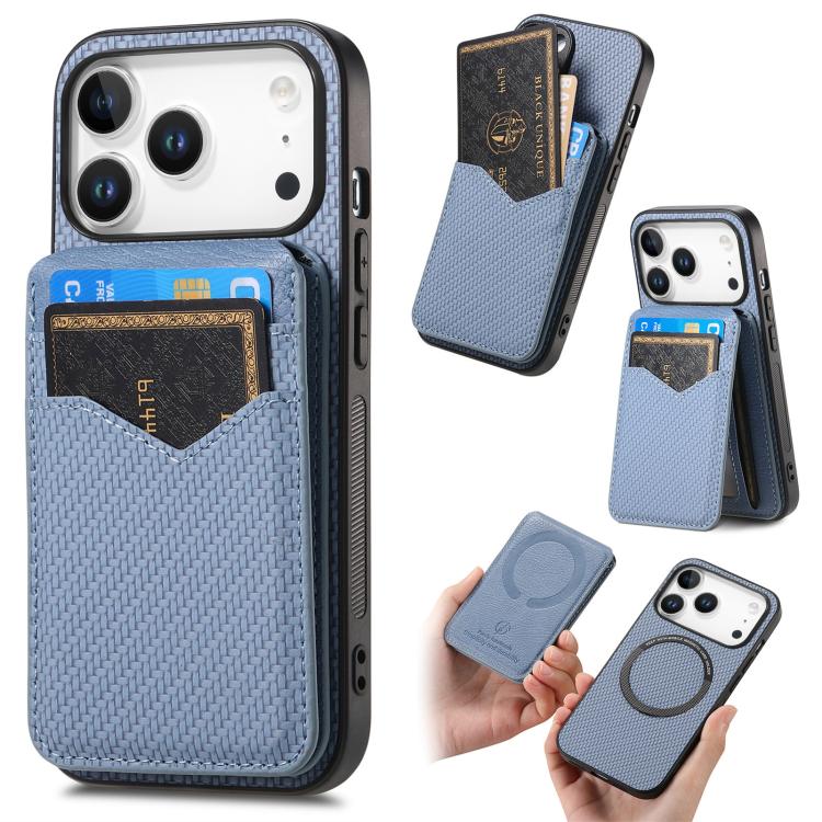 For iPhone 17 Pro Carbon Fiber MagSafe Vertical Flip Card Bag Phone Case(Blue)