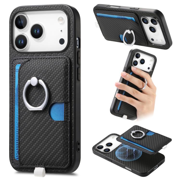 For iPhone 17 Pro Carbon Fiber Ring Side Insert Card Bag MagSafe Phone Case(Black)