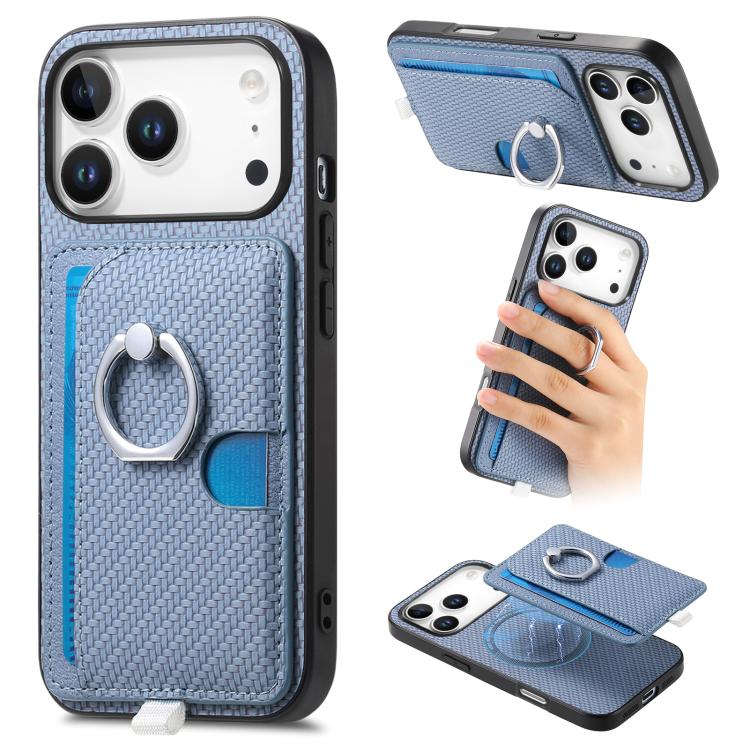 For iPhone 17 Pro Carbon Fiber Ring Side Insert Card Bag MagSafe Phone Case(Blue)