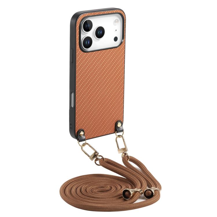 For iPhone 17 Pro Carbon Fiber Texture Leather Back Phone Case with Crossbody Strap(Brown)