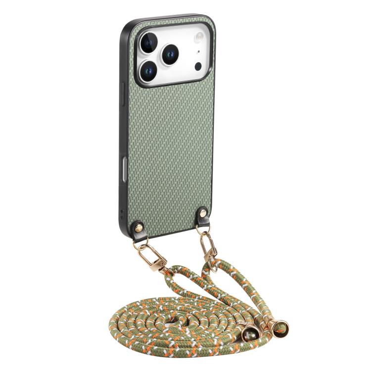 For iPhone 17 Pro Carbon Fiber Texture Leather Back Phone Case with Crossbody Strap(Green)