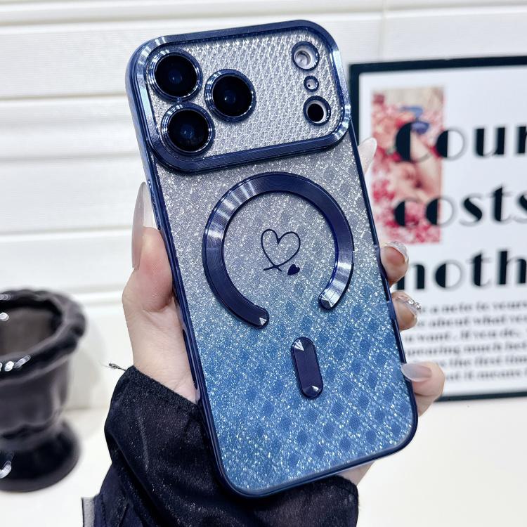 For iPhone 17 Pro Carbon Fiber Texture Loves Leaves Gradient MagSafe TPU Phone Case(Blue)