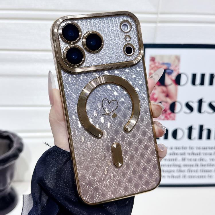 For iPhone 17 Pro Carbon Fiber Texture Loves Leaves Gradient MagSafe TPU Phone Case(Gold)