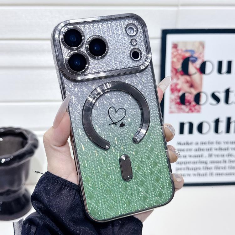 For iPhone 17 Pro Carbon Fiber Texture Loves Leaves Gradient MagSafe TPU Phone Case(Green)