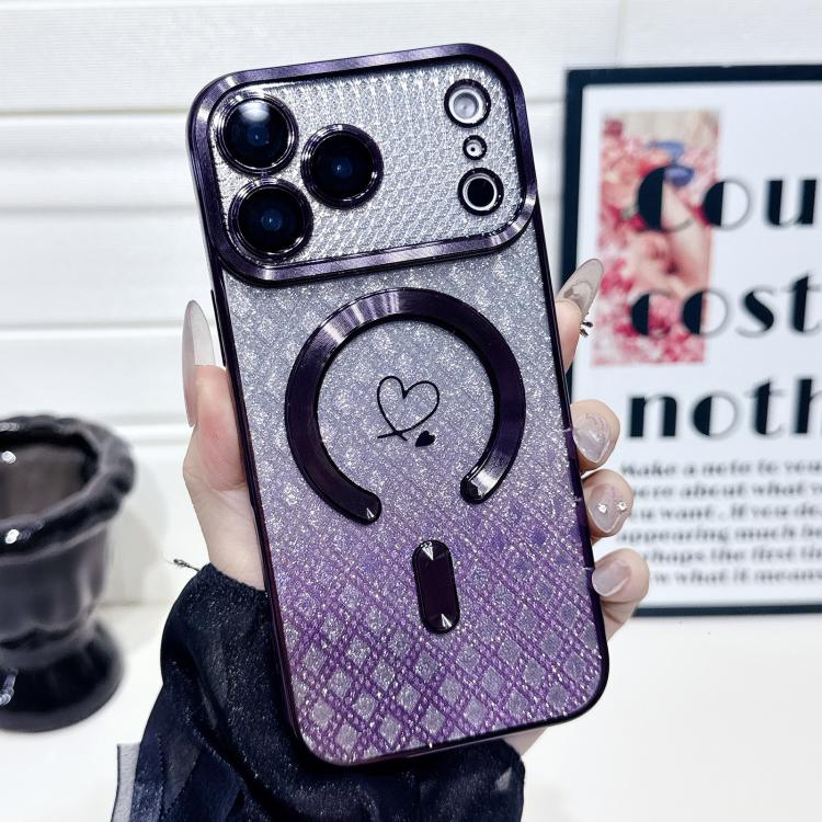 For iPhone 17 Pro Carbon Fiber Texture Loves Leaves Gradient MagSafe TPU Phone Case(Purple)