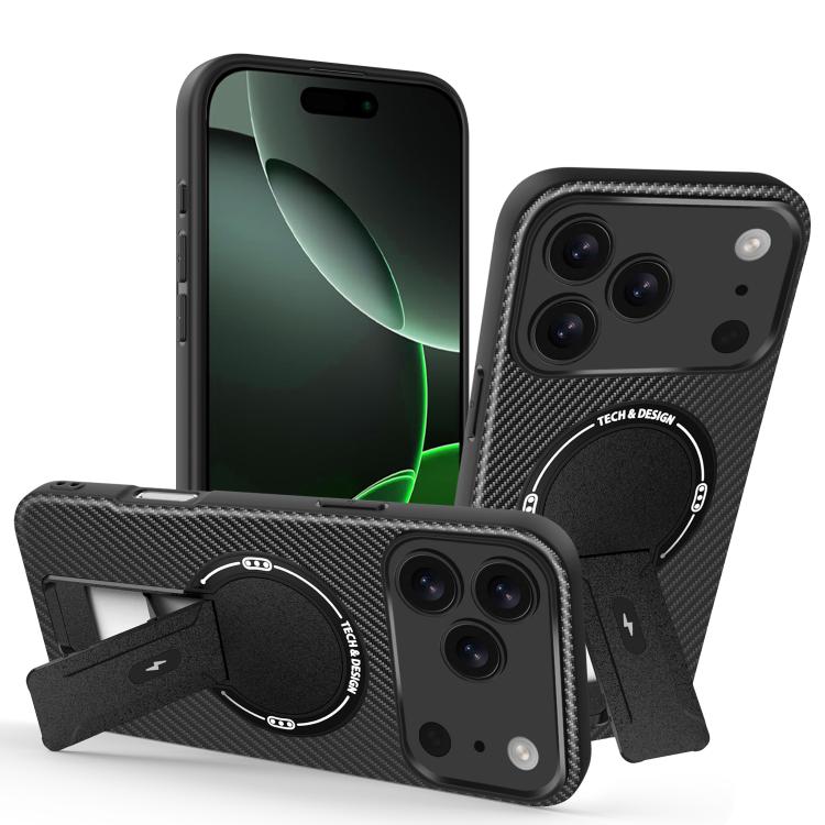 For iPhone 17 Pro Carbon Fiber Texture MagSafe Phone Case with Holder(Black)