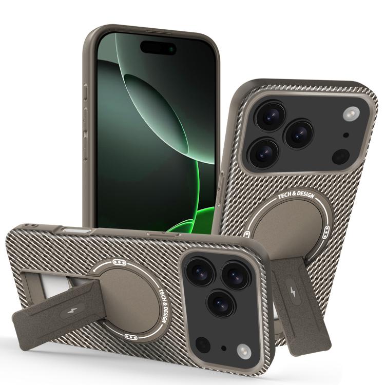 For iPhone 17 Pro Carbon Fiber Texture MagSafe Phone Case with Holder(Brown)