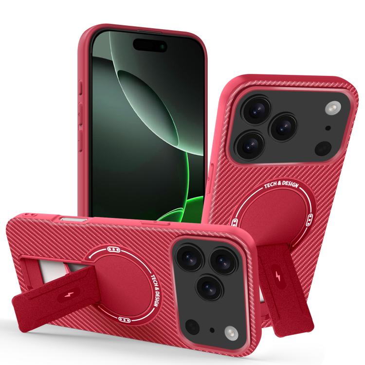 For iPhone 17 Pro Carbon Fiber Texture MagSafe Phone Case with Holder(Red)