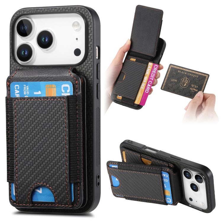 For iPhone 17 Pro Carbon Fiber Vertical Flip Wallet Stand Phone Case(Black)