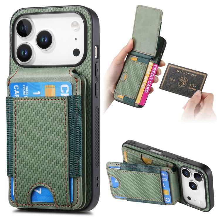 For iPhone 17 Pro Carbon Fiber Vertical Flip Wallet Stand Phone Case(Green)