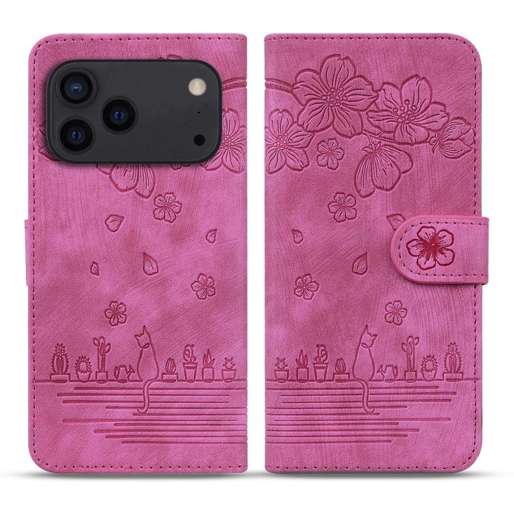 For iPhone 17 Pro Cartoon Sakura Cat Embossed Leather Phone Case(Rose Red)