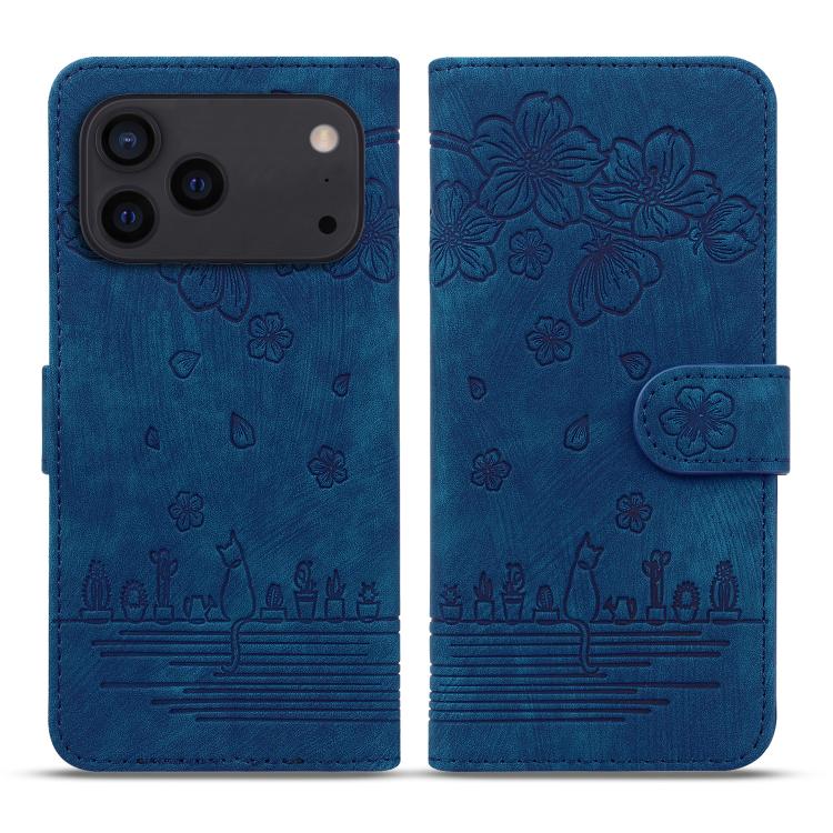 For iPhone 17 Pro Cartoon Sakura Cat Embossed Leather Phone Case(Royal Blue)