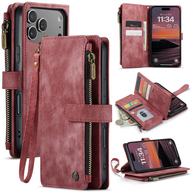 For iPhone 17 Pro CaseMe C30 Card Slots Zipper Wallet Leather Phone Case(Red)
