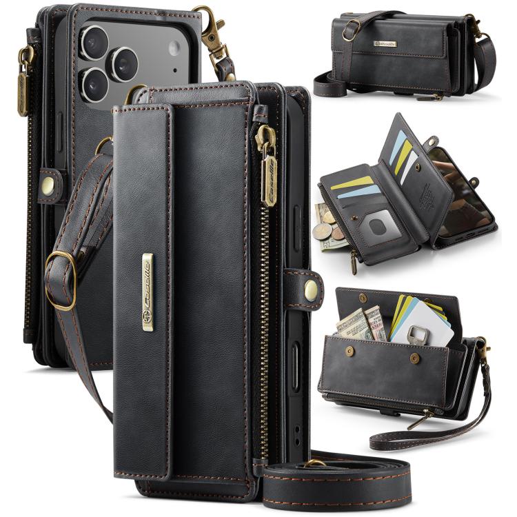 For iPhone 17 Pro CaseMe C39 RFID Blocking Zipper Wallet Leather Phone Case with Crossbody Strap(Black)