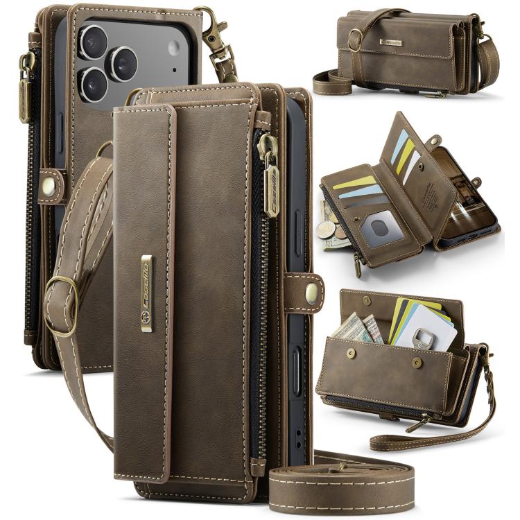 For iPhone 17 Pro CaseMe C39 RFID Blocking Zipper Wallet Leather Phone Case with Crossbody Strap(Coffee)