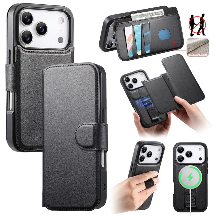For iPhone 17 Pro CaseNeo Finger Grip Strap MagSafe Leather Phone Case(Black)
