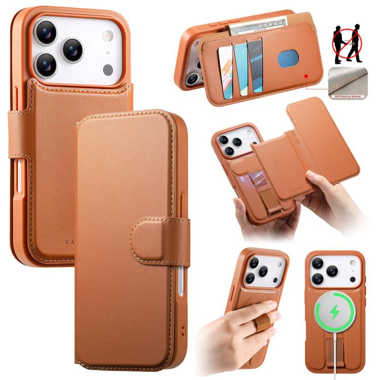For iPhone 17 Pro CaseNeo Finger Grip Strap MagSafe Leather Phone Case(Brown)