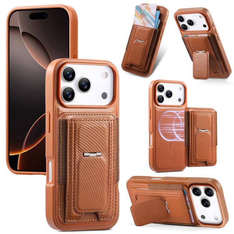 For iPhone 17 Pro CaseNeo Fold Holder Retro Elastic Card Bag Magnetic Back Phone Case(Brown)