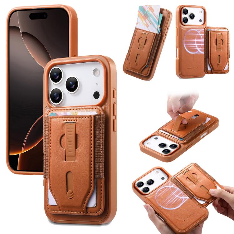 For iPhone 17 Pro CaseNeo Retro Wristband Elastic Card Bag Magnetic Back Phone Case(Brown)