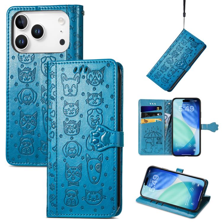 For iPhone 17 Pro Cat and Dog Embossed Leather Phone Case(Blue)