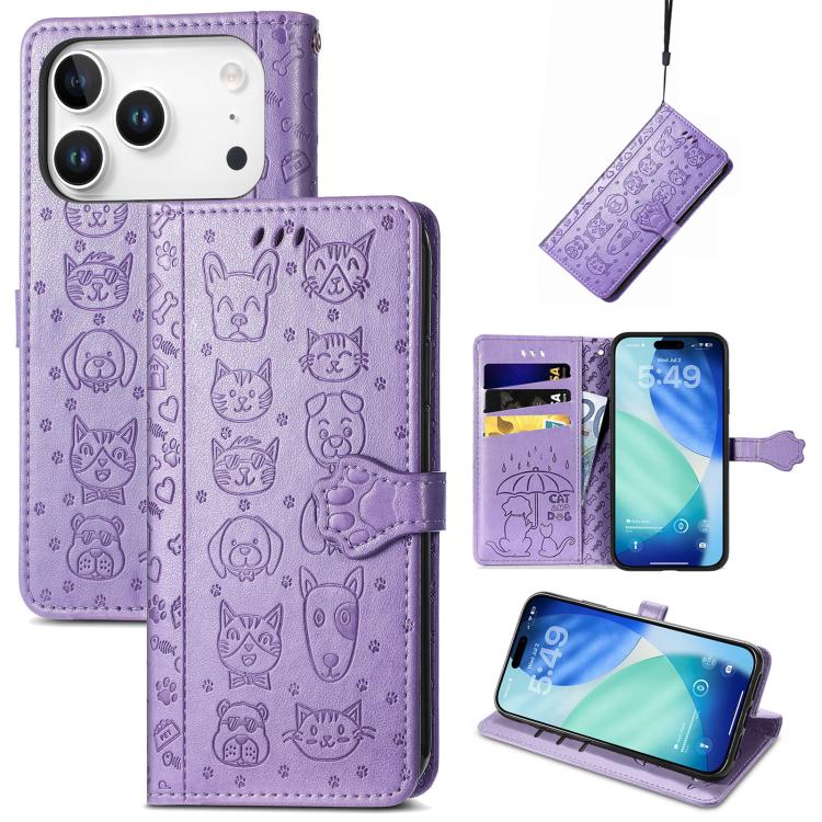 For iPhone 17 Pro Cat and Dog Embossed Leather Phone Case(Purple)