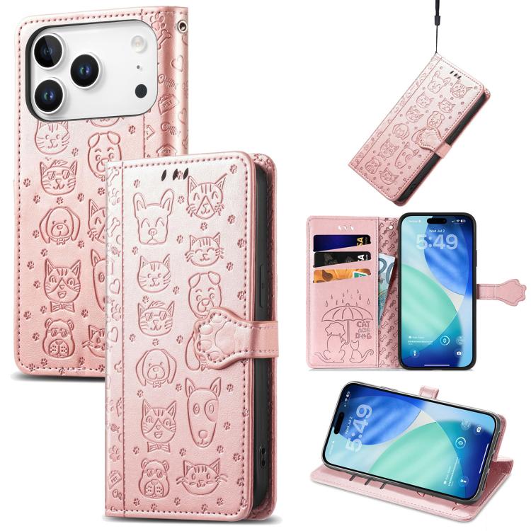 For iPhone 17 Pro Cat and Dog Embossed Leather Phone Case(Rose Gold)