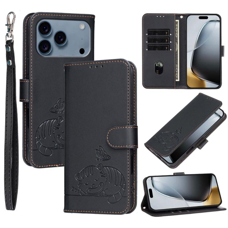 For iPhone 17 Pro Cat Butterfly Embossed RFID Vegan Leather Phone Case with Strap(Black)