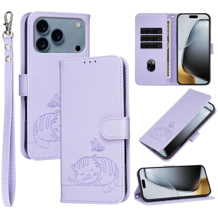 For iPhone 17 Pro Cat Butterfly Embossed RFID Vegan Leather Phone Case with Strap(Light Purple)