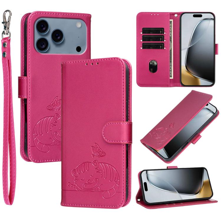 For iPhone 17 Pro Cat Butterfly Embossed RFID Vegan Leather Phone Case with Strap(Rose Red)