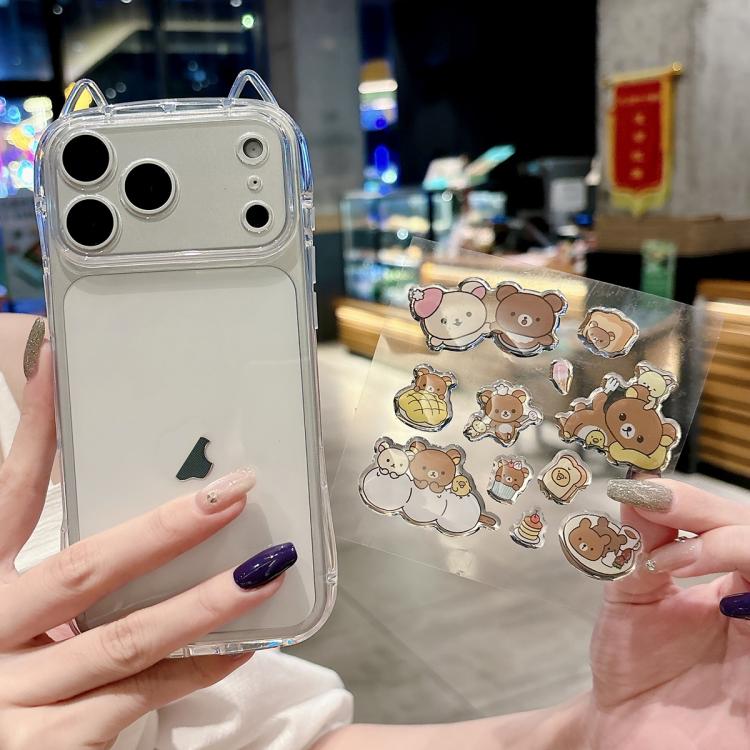 For iPhone 17 Pro Cat-Ear Style Transparent PC Phone Case with Resin Sticker(Bread Brown Bear)