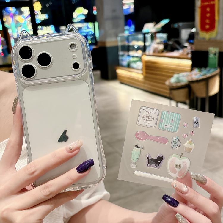 For iPhone 17 Pro Cat-Ear Style Transparent PC Phone Case with Resin Sticker(Green Apple)