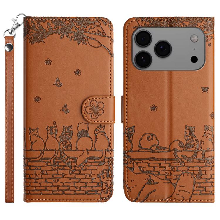 For iPhone 17 Pro Cat Embossing Pattern Leather Phone Case with Lanyard(Brown)