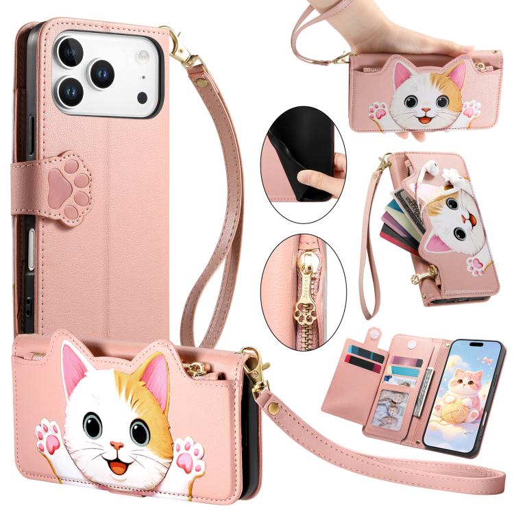 For iPhone 17 Pro Cat-shaped Zipper Wallet Vegan Leather Phone Case with Strap(Pink)