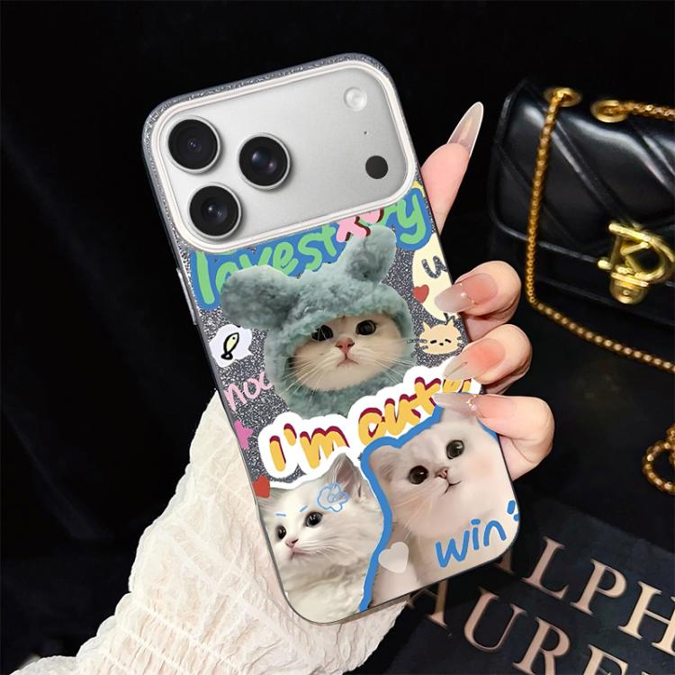 For iPhone 17 Pro Cats Pattern IMD Glitter PC Hybrid TPU Phone Case(Black)