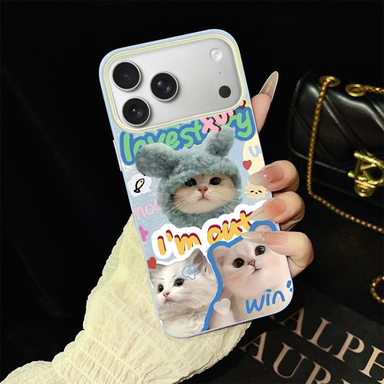 For iPhone 17 Pro Cats Pattern IMD Glitter PC Hybrid TPU Phone Case(Blue)